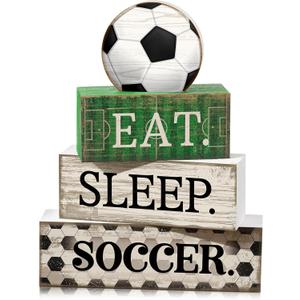 Yuntau 4 Pcs Soccer Wooden Tabletop Decor Soccer Tiered Tray Decor Rustic Wood Block Sign Gift Centerpiece Farmhouse Table Sign for Home Boys Room Office Shelf Birthday Party