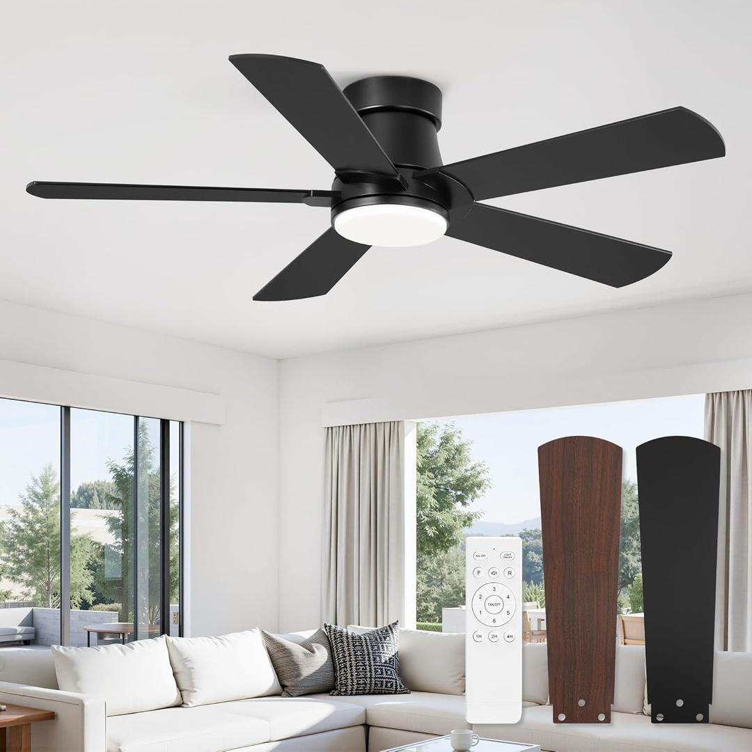 Fanbulous Ceiling Fans with Lights and Remote, 42 inch Low Profile Flush Mount Ceiling Fan,White Modern Ceiling Fan with LED Light for Bedroom Indoor Outdoor-5 Reversible blades, 3CCT, 6 Speeds, Timer (Black)