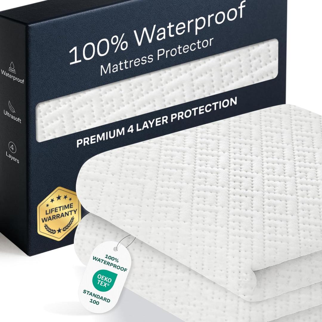 100% Waterproof Queen Mattress Protector - 360 Pad Protection Against Spills, Stains & Accidents for Parents & Pet Owners - Noiseless & Cooling Viscose Made from Bamboo (White)
