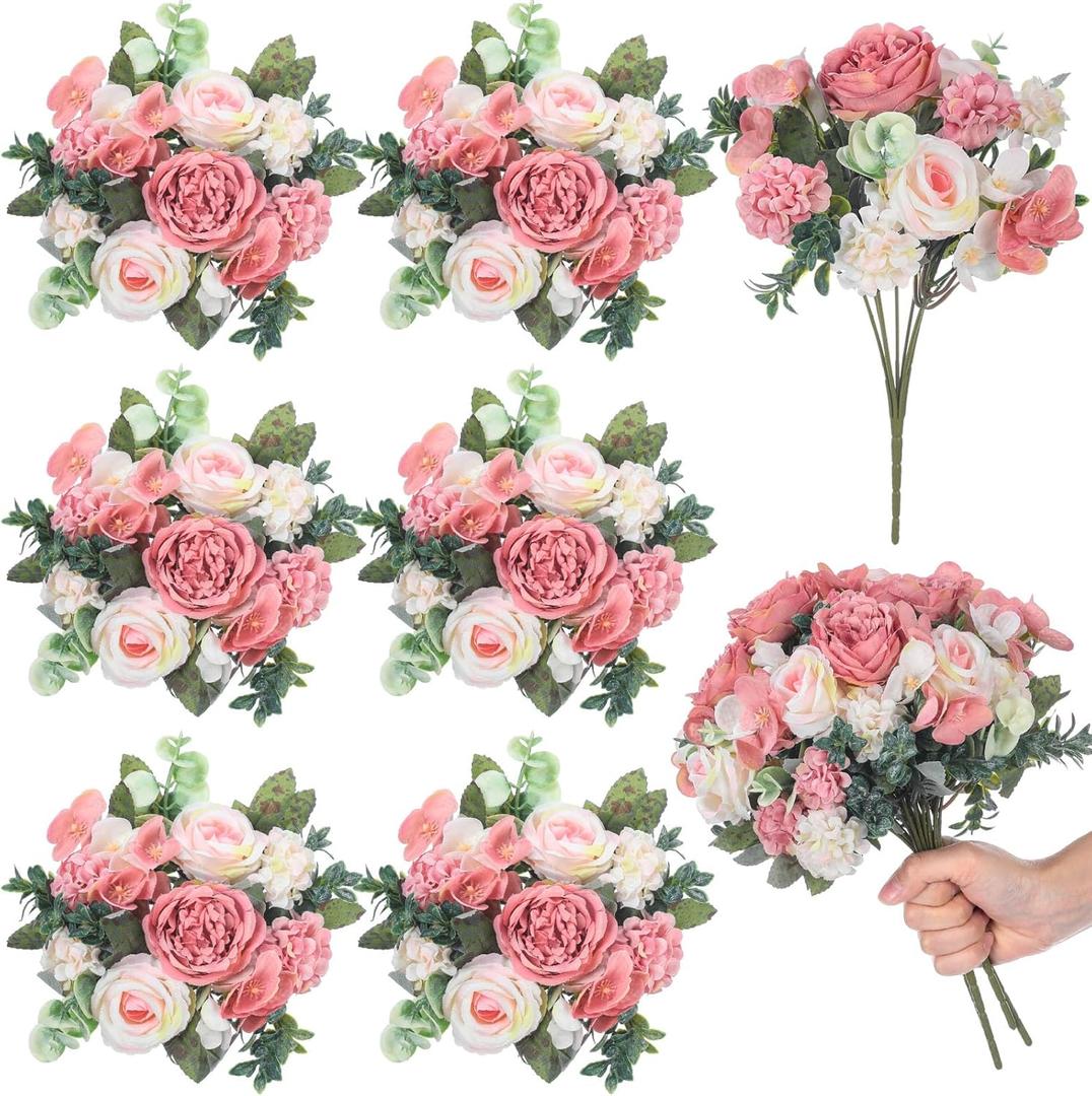Wavwavw 6 Pcs Artificial Peony Silk Florals Fake Mix Silk Peony Rose Faux Flower Hydrangea Bouquet Elegant Realistic Wedding Floral Centerpiece for Home Party Table Arrangement (Light Pink)