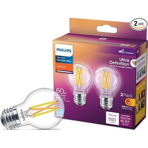 Set Of 2: PHILIPS LED 60W G16.5 2-Pack Ultra Definition Soft White (2700K) 500 Lumen (5W = 60W) Dimmable Clear Flicker-Free Light Bulbs; Philips Red A19 Medium 4W Indoor/Outdoor LED Decorative Party Light Red
