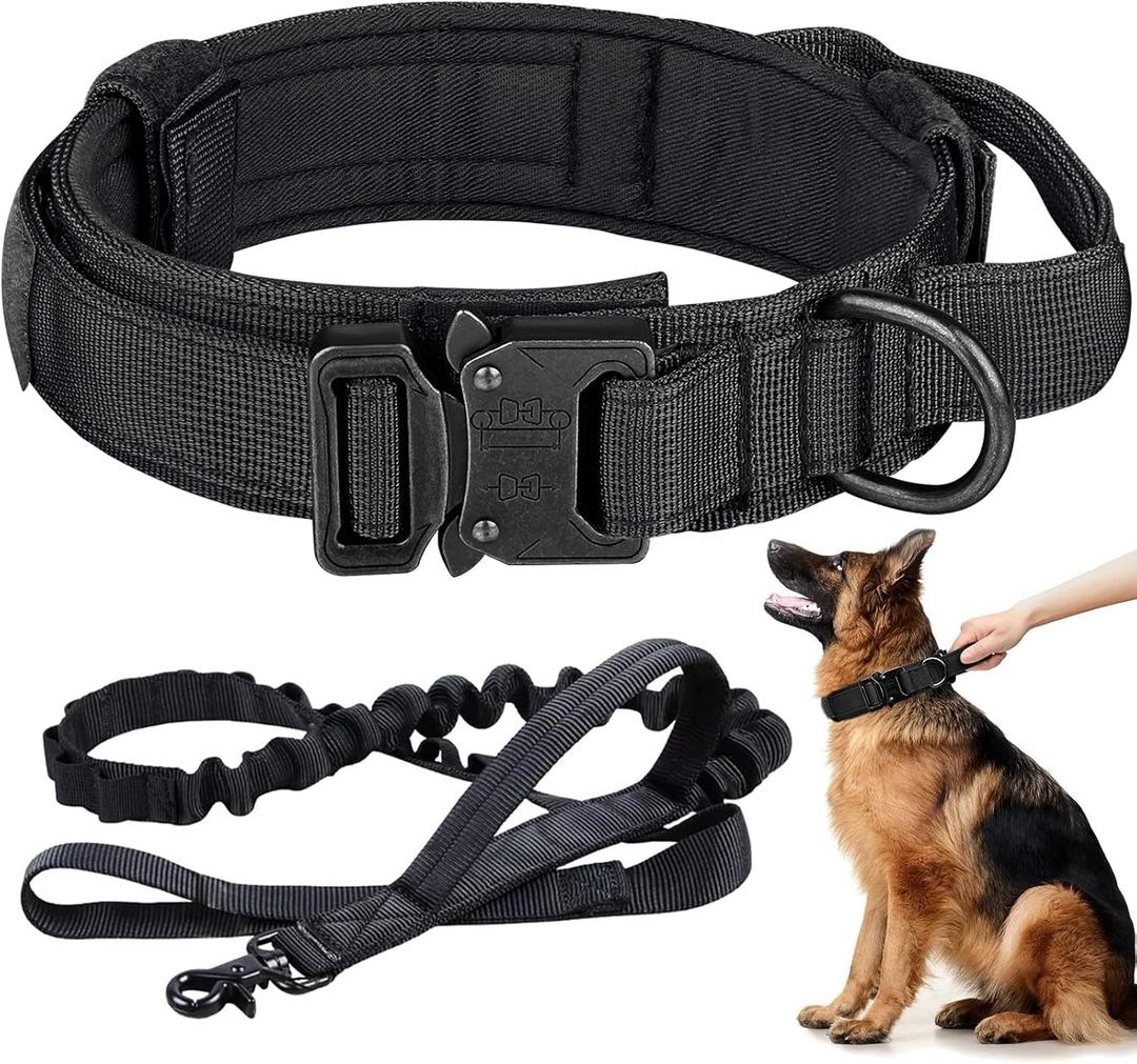 Tactical Dog Collar and Leash Set Heavy Duty Military Dog Collar with Handle and Metal Buckle for Medium and Large Dogs (Black, XL)