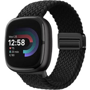 Braided Magnetic Bands Compatible with Fitbit Versa 4/Fitbit Versa 3/Sense 2/Sense 1,Soft Stretchy Elastic Nylon Sport Loop Strap for Women Men (Black)