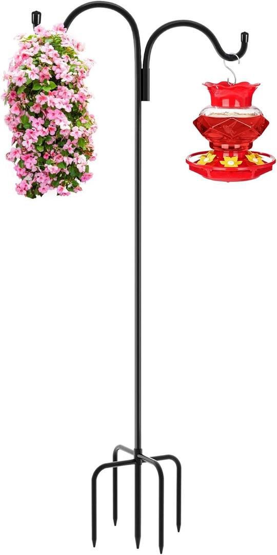 Gtongoko Double Shepherds Hook for Outdoor, 108 Inch Bird Feeder Pole with 5 Prongs Base, 5/8 Inch Thick Heavy Duty Adjustable Garden Hook for Hanging Plant, Lantern, Hummingbird Feeder, 1 Pack