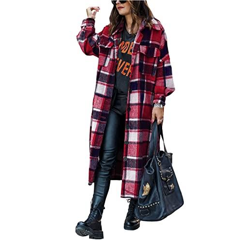 Ainangua Women's Casual Wool Blend Long Plaid Shirt Jacket Button Down Pocketed Shirt Shacket (Red, XS)