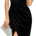 Missufe Women's Sleeveless Spaghetti Strap Wrap V Neck Bodycon Ruched Slit Midi Party Cocktail Velvet Dress, M