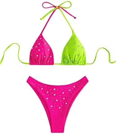 Verdusa Women's Colorblock Halter Swimwear Bikini Sets Two Piece Bathing Suit M