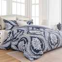 Nanko Boho Duvet Cover Set King Size, Navy Blue White Floral Damask Print Pattern, Soft Microfiber Reversible Comforter Bedding Cover Zip Ties - Vintage Bohemian Farmhouse for Women Men, 3 Pcs 104 x90