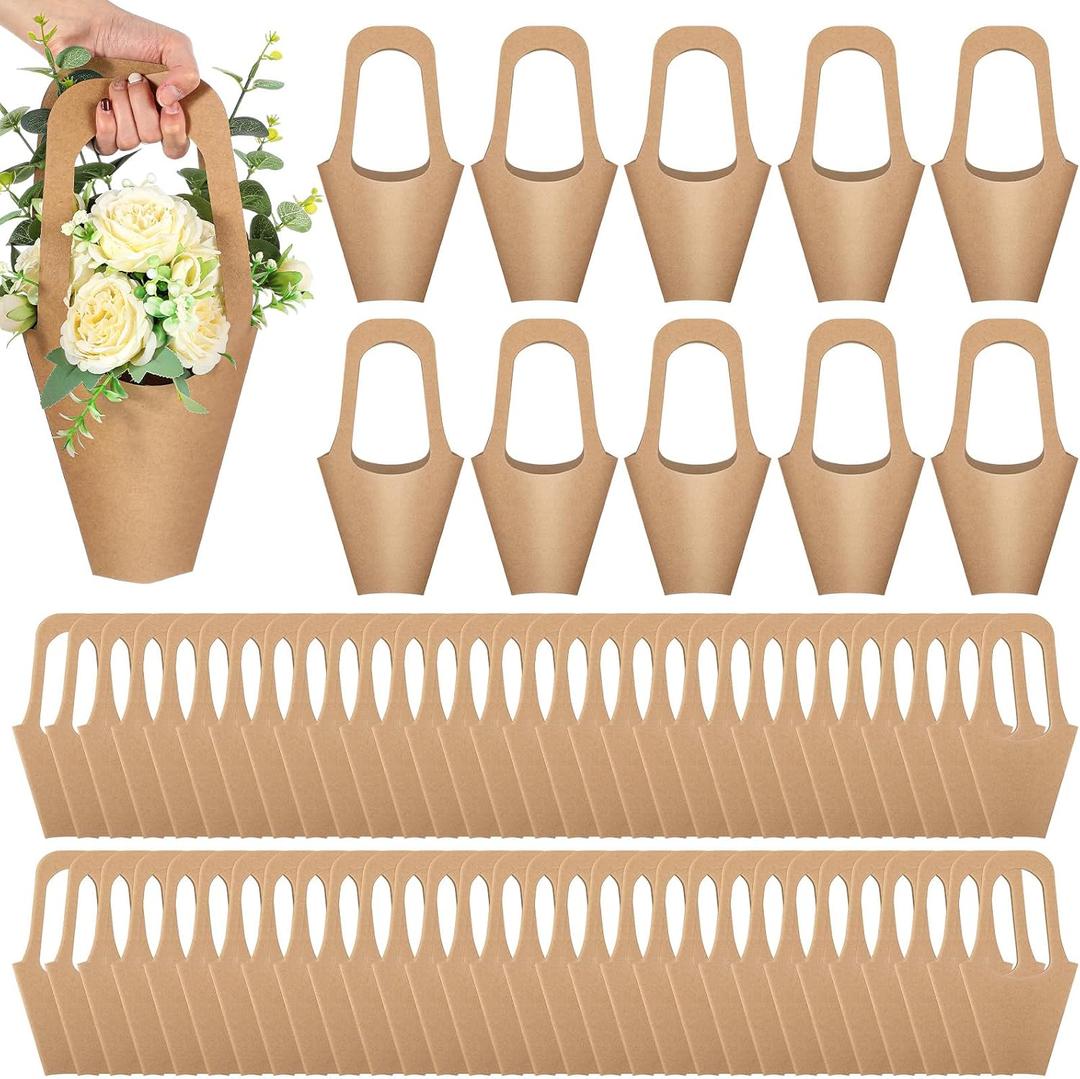 Gilprop 300 Packs Kraft Paper Flowers Gift Bags with Handle Flowers Bouquet Holder for Wedding, Valentines Day Decoration, Florist Shop (Small,Brown)