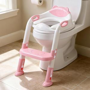 Potty Training Seat with Step Stool Ladder, SKYROKU Potty Training Toilet for Kids Boys Girls Toddlers - Comfortable Safe Potty Seat with Anti-Slip Pads Ladder 8838-Pink