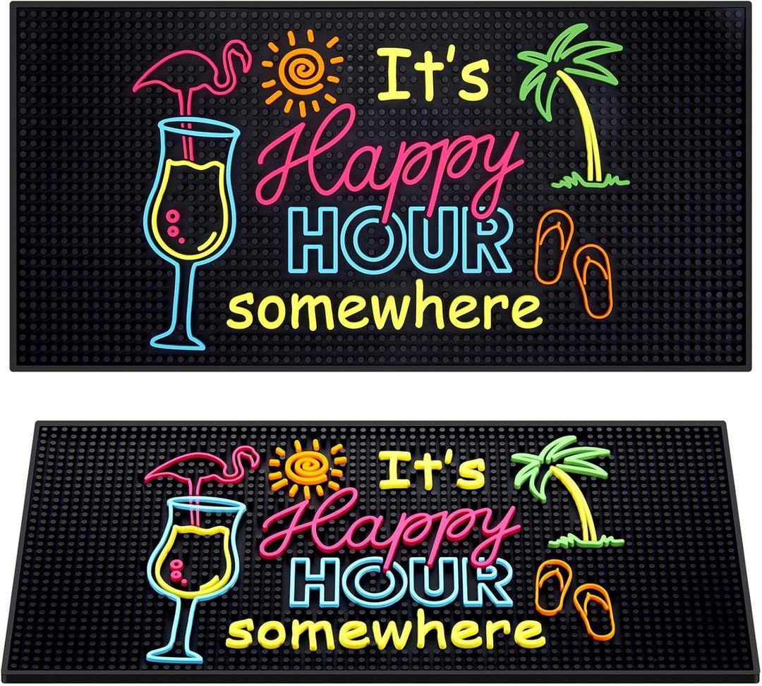 Jingmore Rubber Bar Mat for Bartending Coffee Bar Mat for Countertop Non Slip No Spill Tiki Table Pad for Home Cocktail Accessories(24 x12 Inch,Happy Hour Somewhere)