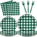 Green Gingham Party Decorations Green and White Checkered Birthday Themed Tableware Gingham Plaid Plates Napkins Forks Picnic BBQ Dinnerware Supplies for Baby Shower Birthday Serves 24 Guests