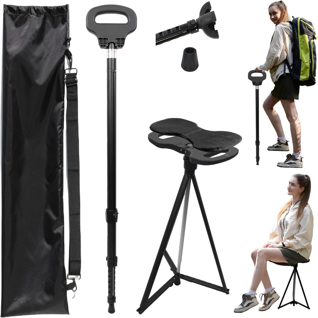 Adjustable Cane with Seat Folding Lightweight, Portable Cane Chair for Adults & Seniors, Walking Stick with Seat for Travel Hiking, with Cushion Carry Bag (Black), M