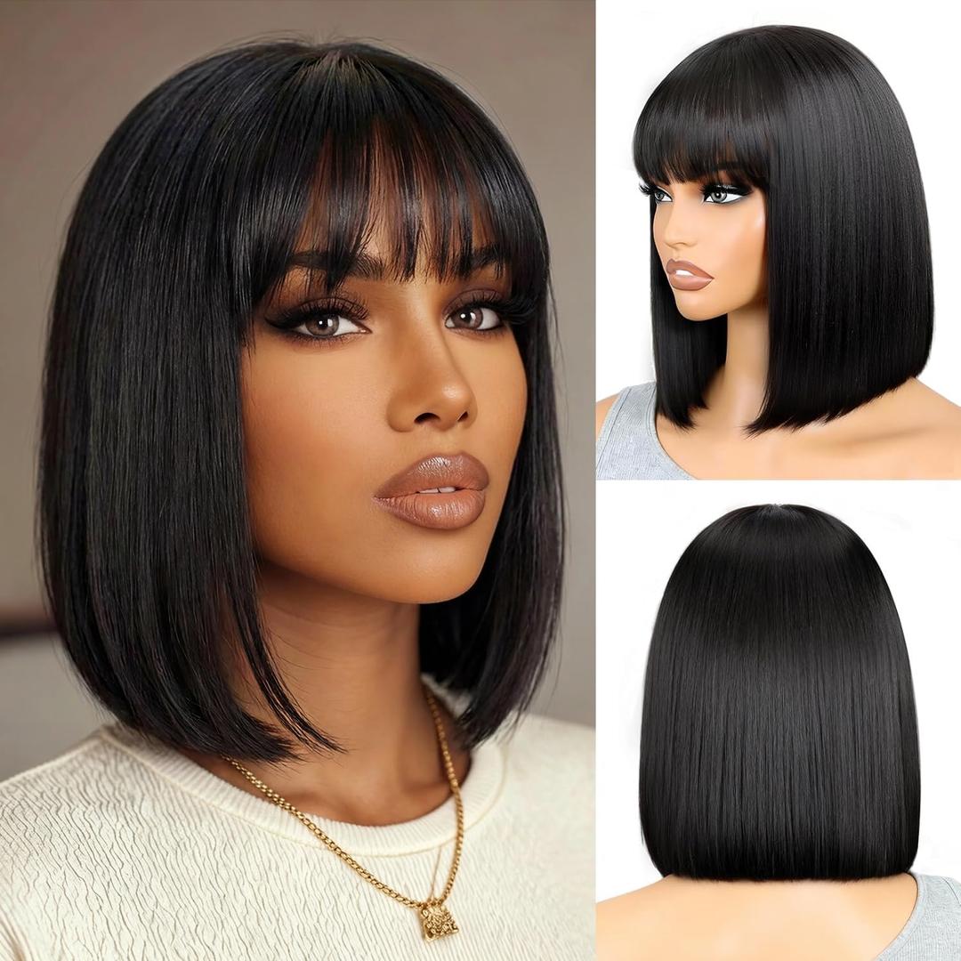 Bob Bangs Human Hair Wig Silky Straight Glueless Wigs Human Hair 180% Density Machine Made Wigs for Women 10Inch
