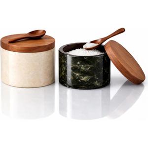 Marble Salt and Pepper Bowls,2Pcs Handcrafted Solid Marble Salt and Pepper shakers with Lids and Spoons, Stackable Spice Containers for Kitchen Counter Decor