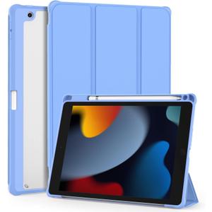 OKP for iPad 9th/8th/7th Generation Case (2021/2020/2019), iPad 10.2 inch Cases with Trifold Stand, Slim ipad 9/8/7 th gen Cover with Pencil Holder for Kids Women Men, Clear Back Shell, Sky Blue