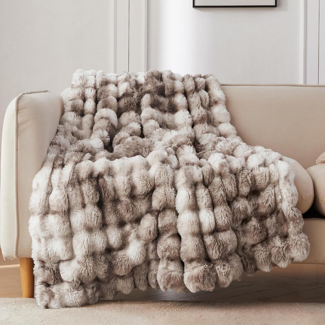 COOVA Faux Fur Throw Blanket for Couch, Cozy Soft and Fuzzy Plush Rabbit Fur Bubble Blanket for Sofa Bedroom Living Room, 50x60 Inches Tie Dye Brown