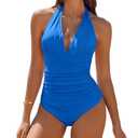 AI'MAGE Women's One Piece Swimsuit Tummy Control Halter Ruched Bathing Suits Blue Large
