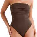 REORIA Women's Sexy Strapless Ruched Bodysuit Tube Top Sleeveless Trendy Body Suits L, Brown