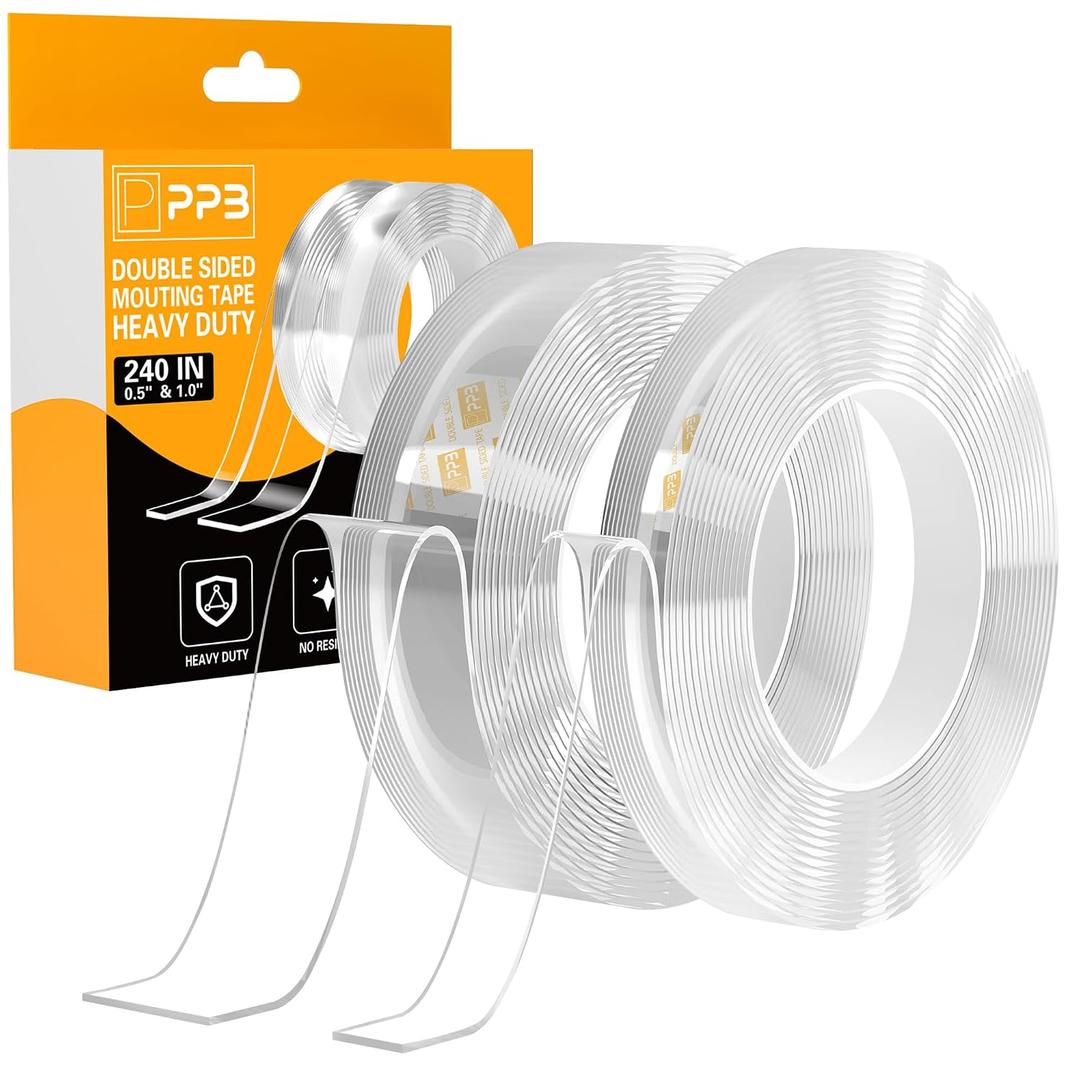 2 x 2 Rolls Double Sided Tape Heavy Duty - 240" x 1.0" & 0.5" - Removable Mounting Tape for Poster Picture Hanging Carpet Strip Rug Wall Outdoor - Clear & Strong Nano Tape Adhesive Multipurpose - 20 Feet