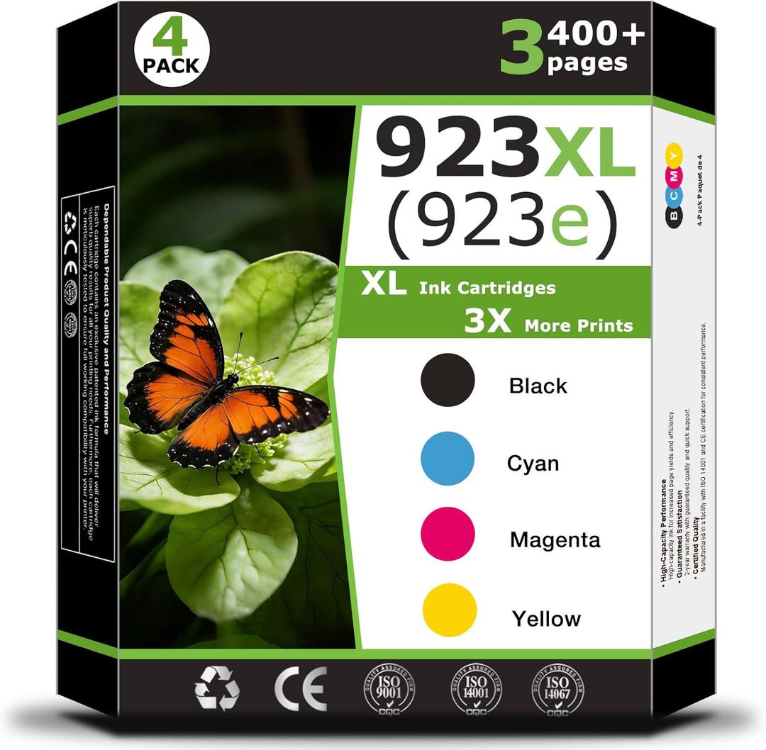 923e 923XL Ink Cartridges Compatible for HP923e for HP 923 XL Printer Ink 923 xl 923e ink Cartridges Work with 8120 8122e 8124e 8125e 8130e 8132e 8134e 8135e 8138e 8139e Printer black C/M/Y(4 Pack)
