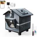 Outdoor Cat House with Camera (2K) for Single Cat up to 12lbs, Insulated Cat House Outdoor Weatherproof, Feral Cat Shelter with Dual-Mount Cam (View Inside or Out), Magnetic Door, Stakes & Cat Teaser (Live View Kit, Gray)