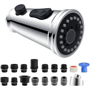 Hibbent Pull Down Kitchen Faucet Head Replacement, 3-Function Kitchen Sink Faucet Head Sprayer Head Nozzle with 15 Adapters, Compatible with Moen, American Standard, Delta, Kohler Faucets-Chrome