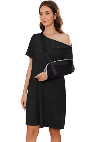 Deyeek Women's Post Shoulder Surgery dress Tear Away Short Sleeve Full Open Side Snap Adaptive Clothing with Pockets Black M