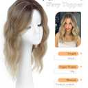 PANEWAY 16Inch Wavy Curly Brown Blonde Hair Topper with Dark Root - Clip In Hair Topper for Women