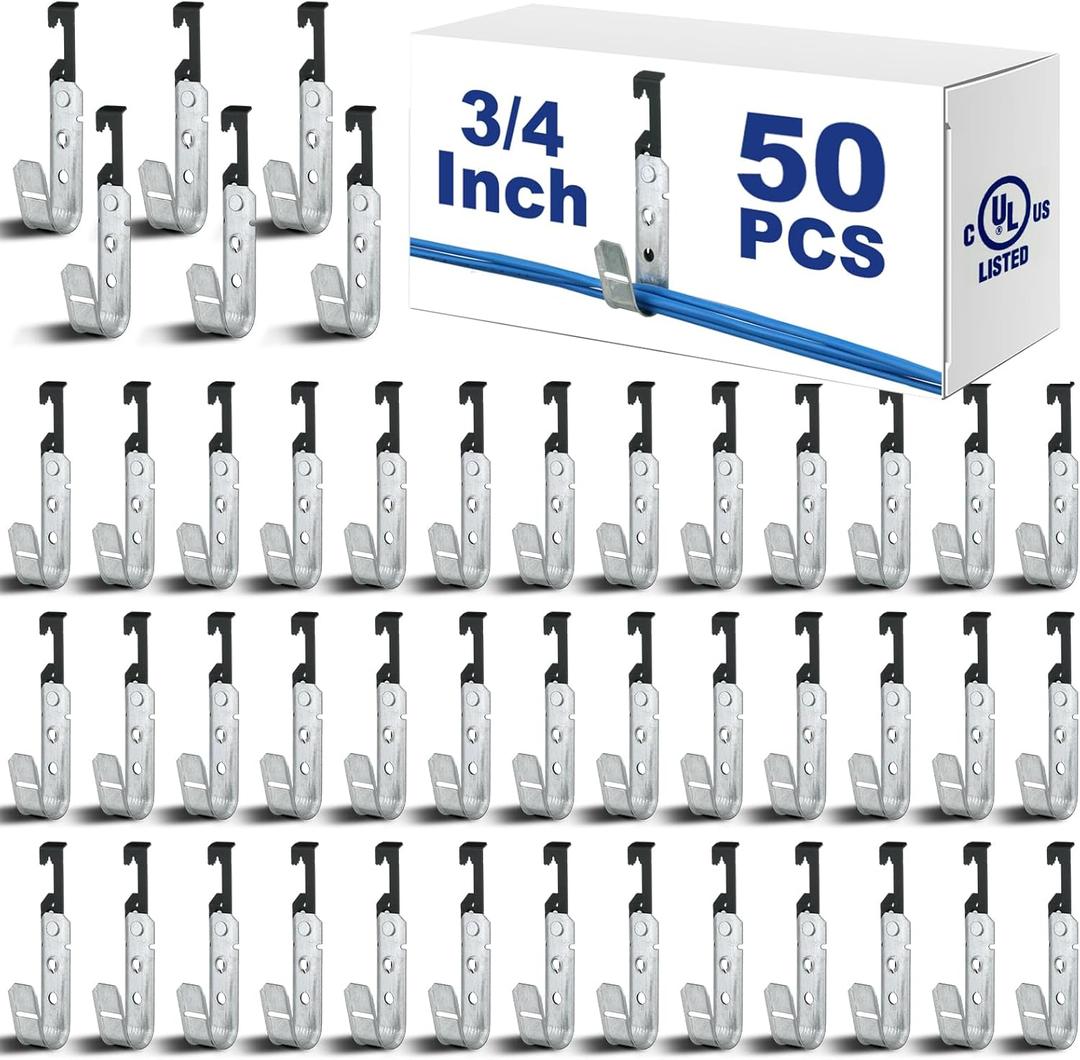 Zonon 50 Pcs 3/4 Inch Galvanized Steel J Hook with Bat Wing Heavy Duty Cable Support Straps Hangers for Hanging Cable Management to Ceiling Grid Wire & Threaded Rod, Ul Certification