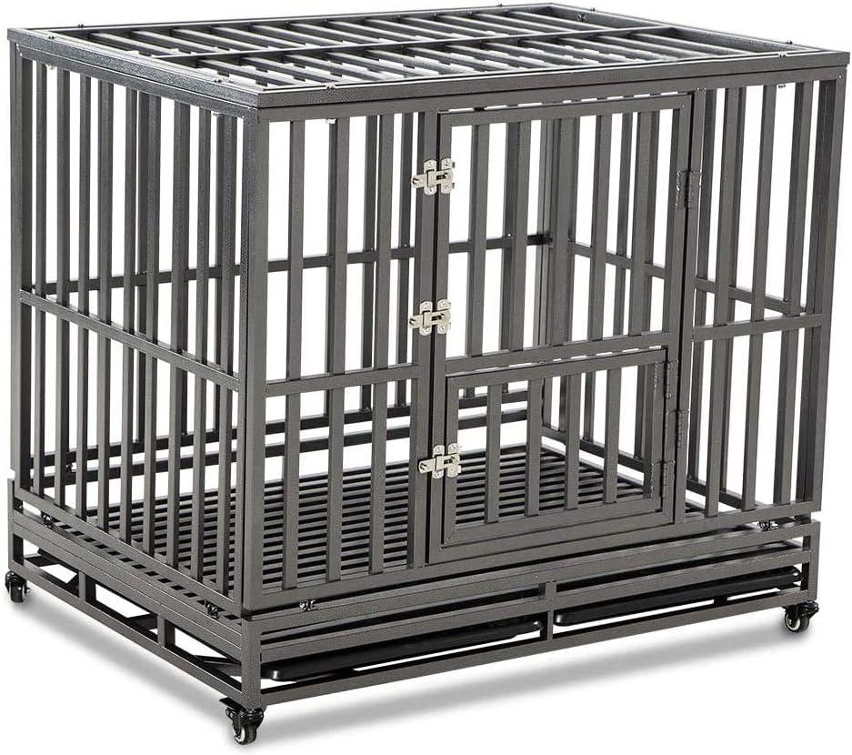 LUCKUP Heavy Duty Dog Cage Metal Kennel and Crate for Medium and Large Dogs, Pet Playpen with Four Wheels,Easy to Install,42 inch,Black (Dark Silver)