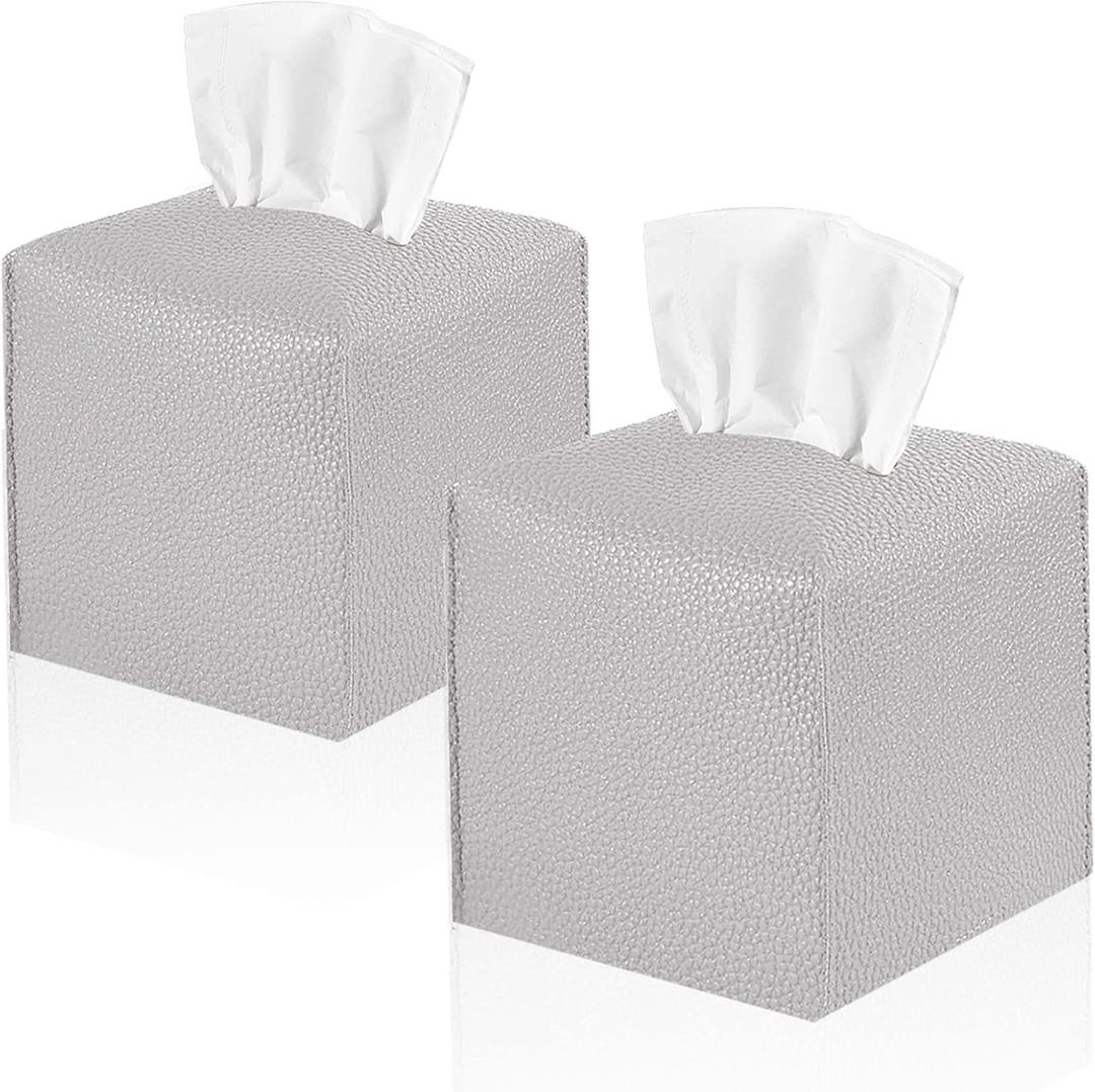 2 Pack, VIVIDLY Tissue Box Cover Holder, Square Modern PU Leather Tissue Box Holder, Can be Used for Bathroom Dressing Table, Bedside Table, Office Desk & Car 5"X5"X5"- (Grey, 2)