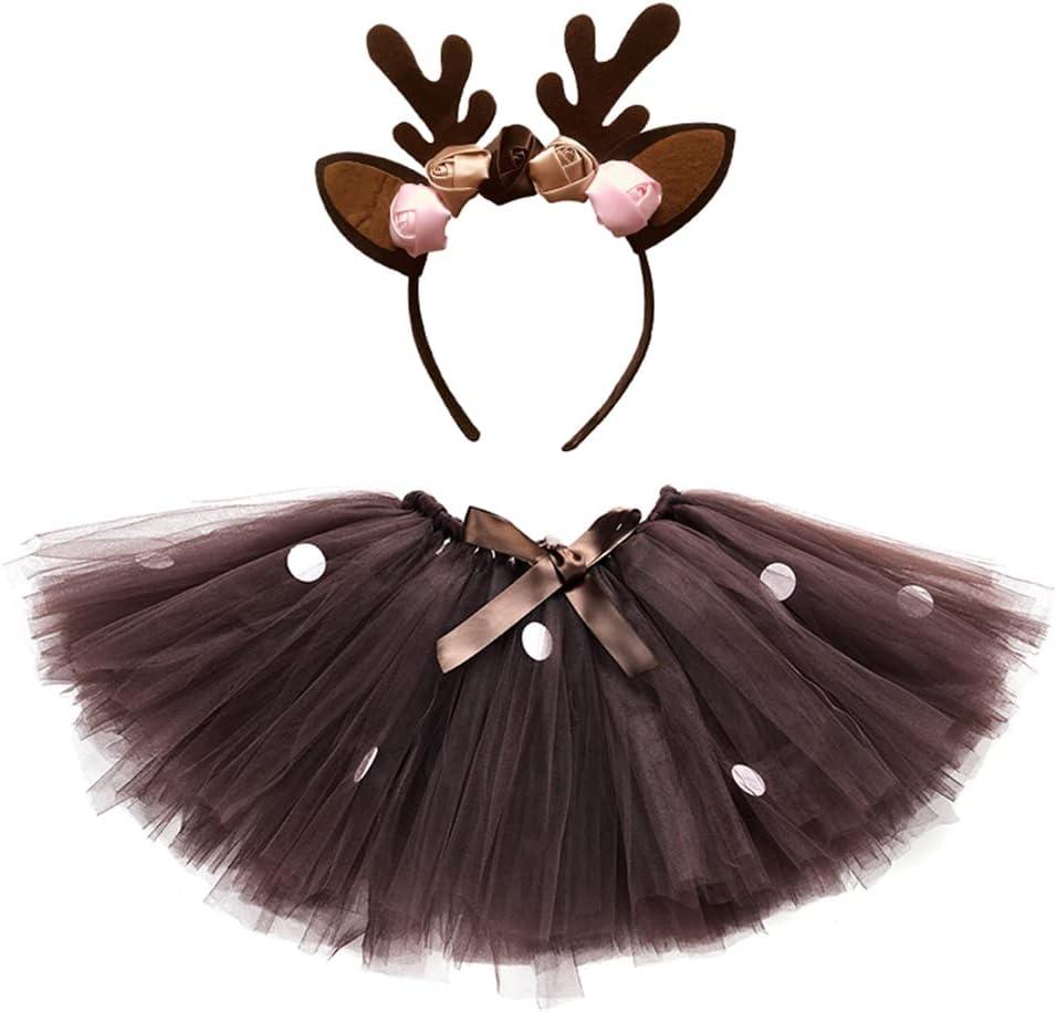 IMEKIS Girls Halloween Christmas Costume Fairy Wings Tutu Skirt with Headband Spider Bat Santa Birthday Party Outfit Cosplay (9-12 Years, Dark Brown - Deer)