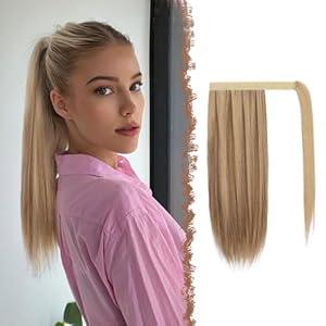 FESHFEN Straight Ponytail Extension 16 inch Natural Long Ponytails Wrap Around Clip in Pony Tail Hair Piece Synthetic Hairpieces for Women, Brown Mixed Blonde