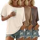 Riyiper 3 Pack Women's Off The Shoulder Shirts Loose Fit Flowy Tops Short Sleeve Casual Summer Oversized Tshirt Workout Tunic(Cream, Khaki, Light Coffee,XX-Large)