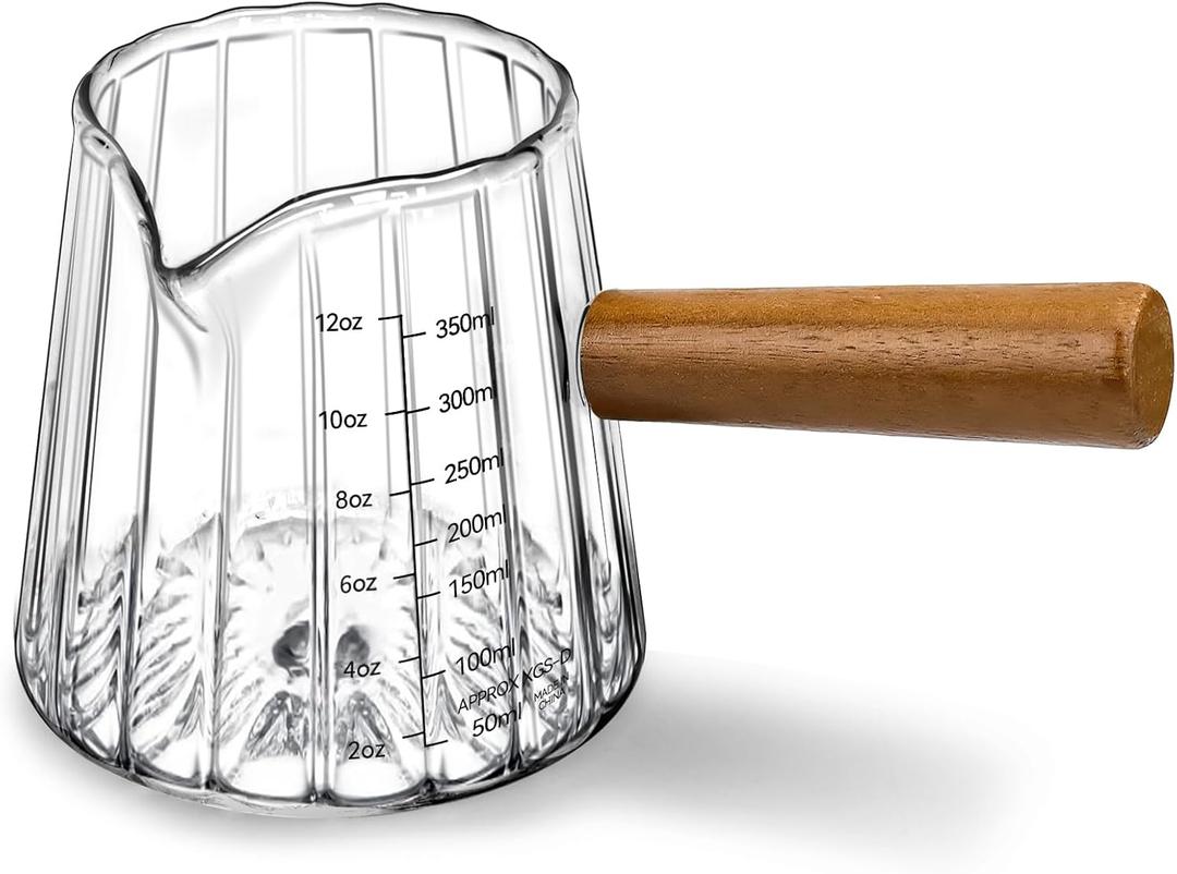 Espresso Measuring Cup 12 Oz, Espresso Glass Cups with Wood Handle, Milk Frothing Cup, Espresso Cup for Coffee, Milk, Tea or Maple Syrup Serving (Transparent, 12 oz)
