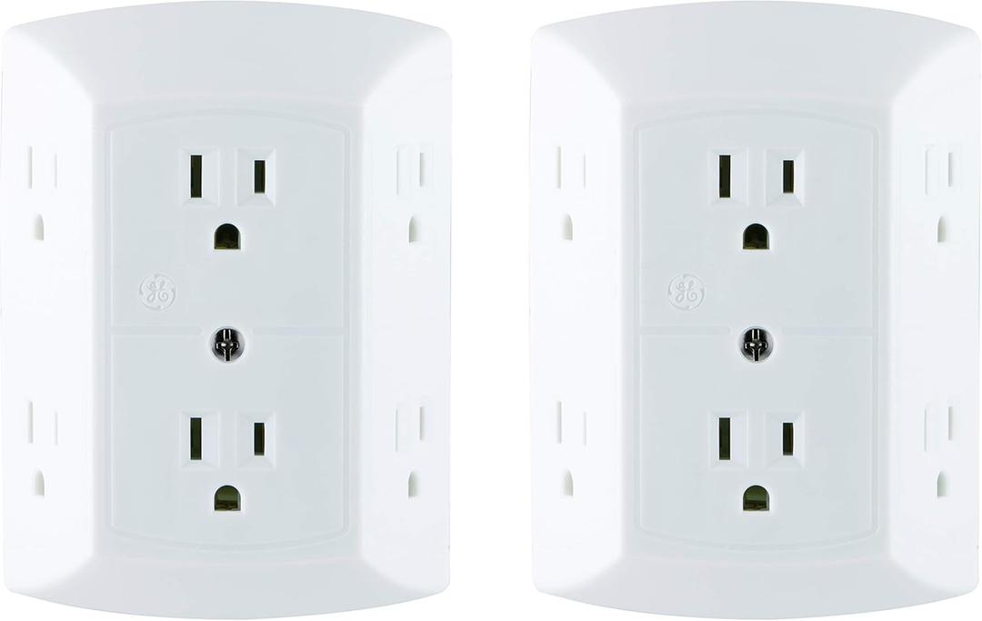 GE 6-Outlet Extender, 2 Pack, Grounded Wall Tap, Adapter Spaced Outlets, 3-Prong Outlet Splitter, Multiple Plug, Quick and Easy Install, Cruise Essentials, UL Listed, White, 40222