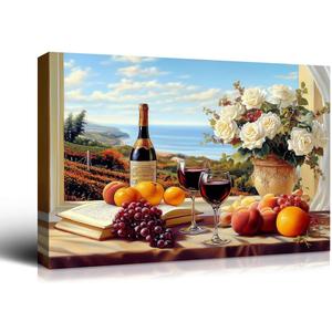 Wewejia - Vintage Kitchen Wall Art Prints, Fruit Grapes Wine Bottles Food Dining Room Wall Art, Contemporary Kitchen Vintage Canvas Print Oil for Dining Room Wall Decor Home Decoration 16x12 inches (16L" x 12W", WWDJB009)