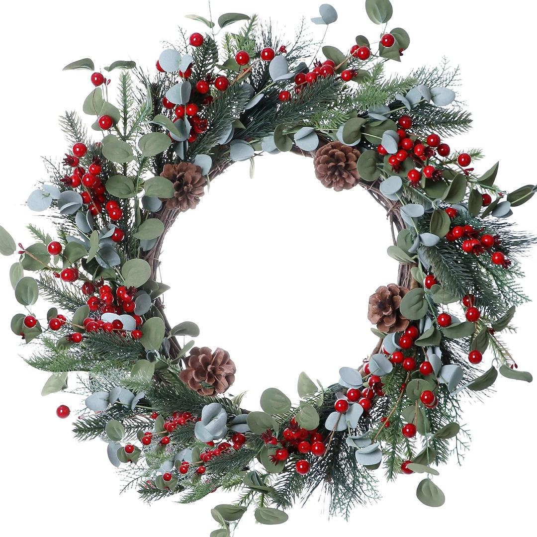 20 Inches Christmas Wreath Winter Wreaths Holiday Christmas Wreaths for Front Door Christmas Berry Wreath with Pine Needles Pine Cones Red Berries for Window Indoor Outdoor Winter Decorations