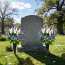 2 Sets Artificial Cemetery Flowers with Vase Memorial Flowers Bouquet & Heavy-Ground Spike Vases Fade-Proof, Windproof Grave Memorial Flowers for Cemetery Headstones Decoration (purple white)