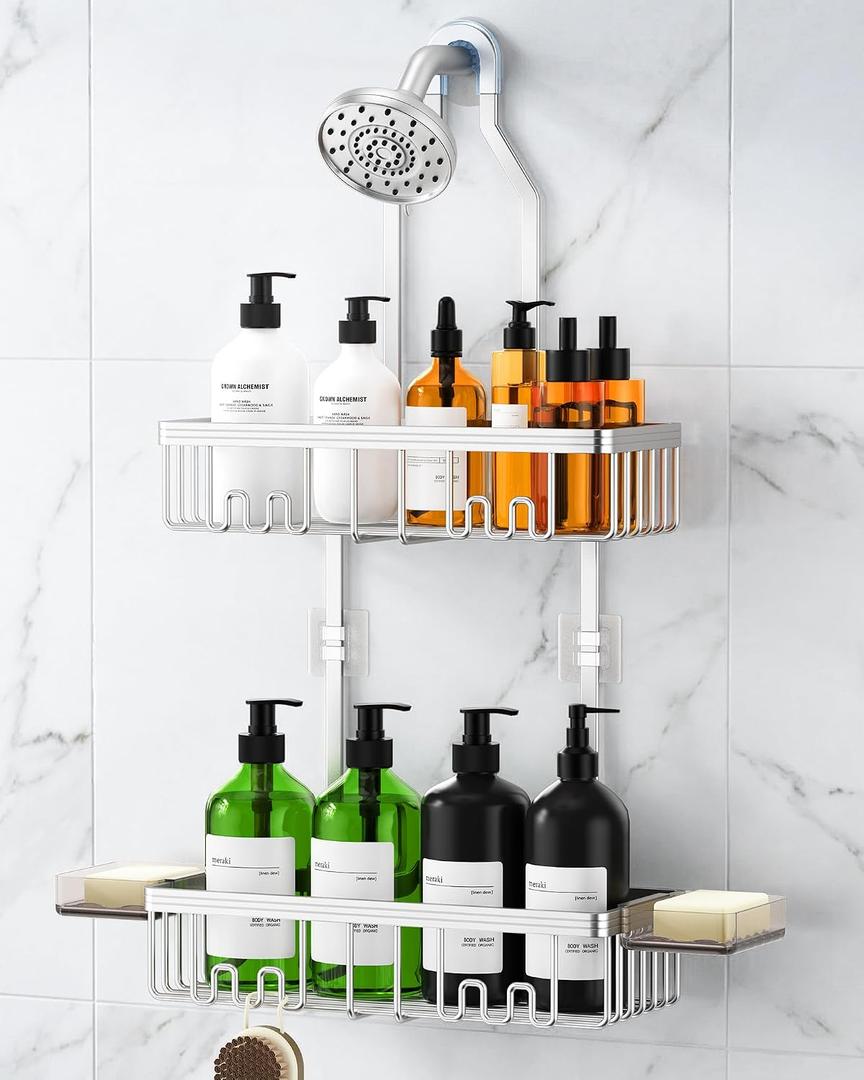 Shower Caddy Hanging, Never Rust Shower Organizer Hanging, Aluminum Shower Racks for Inside Shower with Hooks for Razor, Bathroom Organizers and Storage with Soap Holder, Bright Silver