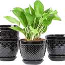 Sureasy Ceramic Indoor Plant Pots - 5.6 Inch Flower Pots for Plants with Drainage Hole and Saucer, Embossed Planter for Succulents, Orchid, Cactus, Indoor Home Decor, Set of 4, Black