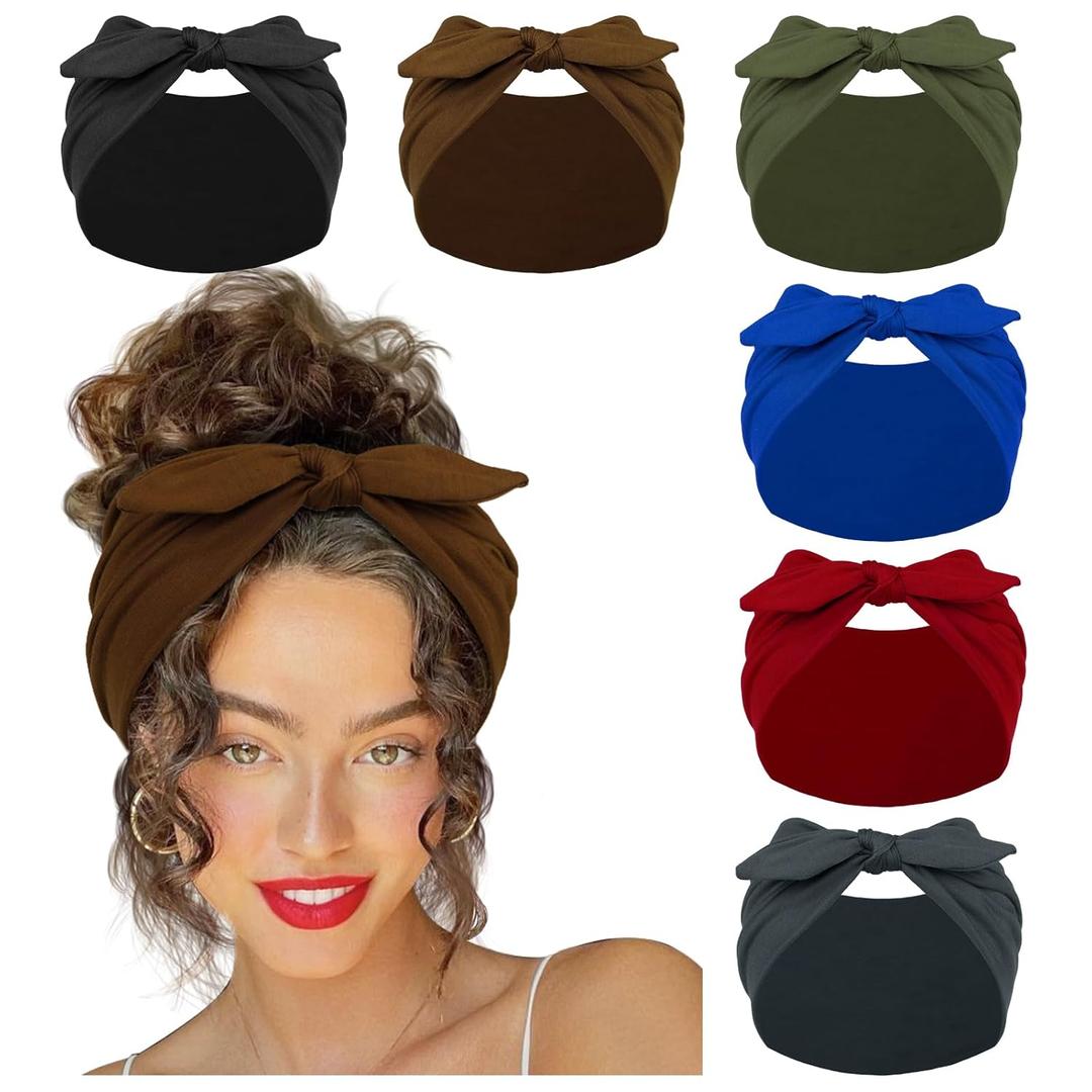 Huachi 6 Packs Bow Headbands for Women 7 Extra Wide Head Bands for Womens Hair Non Slip Headwraps Workout Turban Hair Accessories (Trendy)