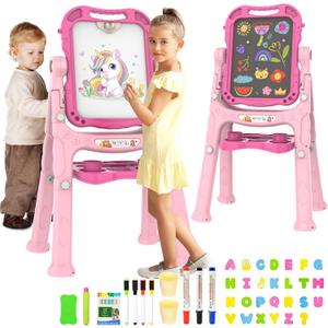 Easel for Kids, Adjustable Standing Rotatable Double Sided Art Easel for Toddlers with Painting Accessories, Birthday Christmas Gift for Little Boys and Girls (Rosy Pink)