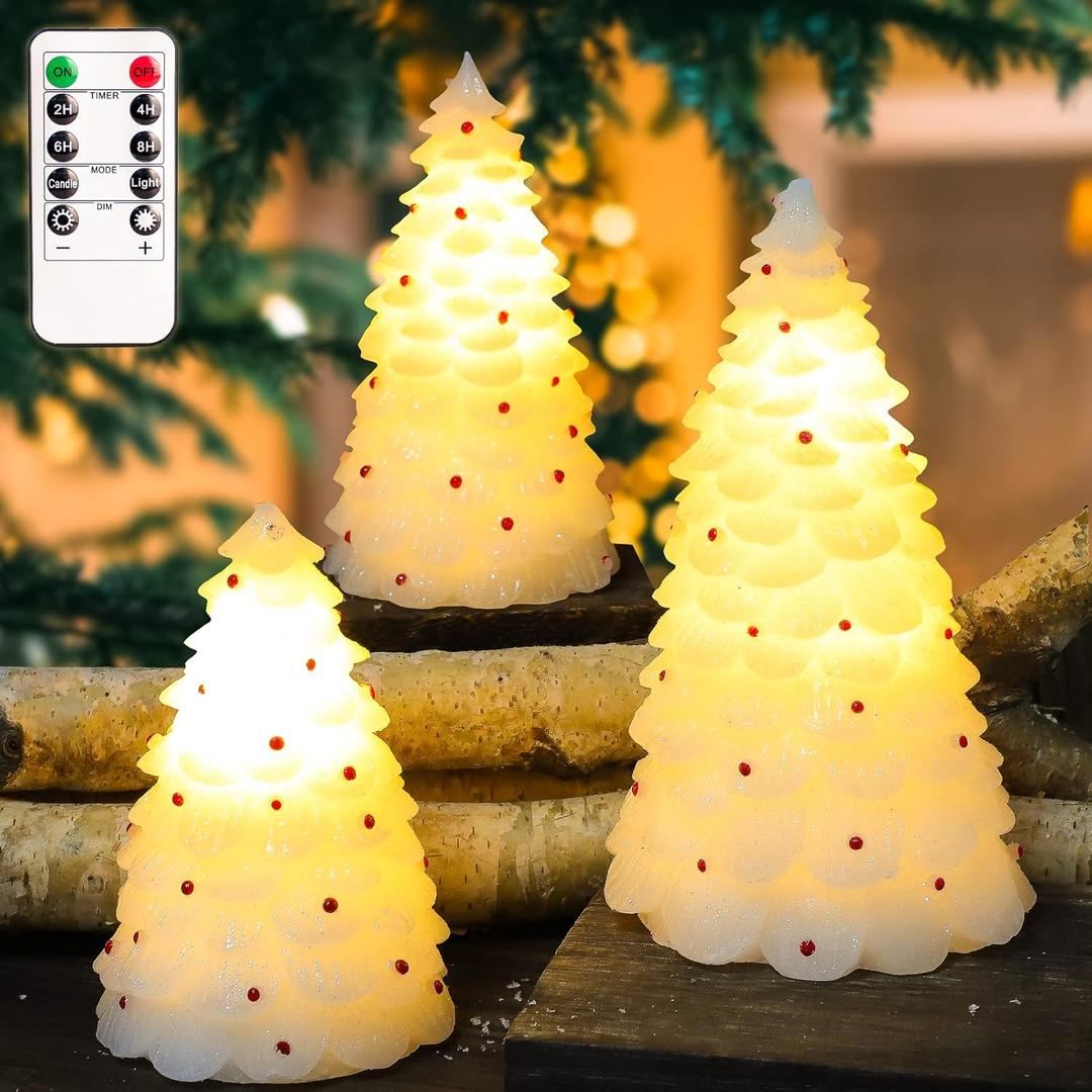 White Christmas Trees Figurine with Light Battery Operated with Remote Lighted Christmas Tree Tabletop Decor Real Wax White Small Xmas Tree with Red Berry Christmas Decoration for Home Party Gifts