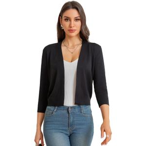 Women's Cropped Open Front Knit Cardigan V-Neck 3/4 Sleeve Lightweight Bolero Short Shrugs Sweaters Tops Black XL (Black, XL)