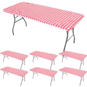 6 Pcs Tablecloth for Folding Fitted Rectangular Table Cloth 30 x 72 Inch Vinyl Waterproof Plastic Table Cover Flannel Backed with Elastic Rim for Indoor Outdoor Picnic Party (Red and White Grid)