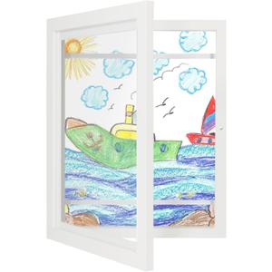 Kids Art Frames 10x12.5 - Front Opening Childrens Picture Frame Changeable, Wood Artwork Display Storage for Wall Mount, Magnetic Door Holds 50 Art Pieces for Drawings, 3D Picture, Crafts, Portfolio, White