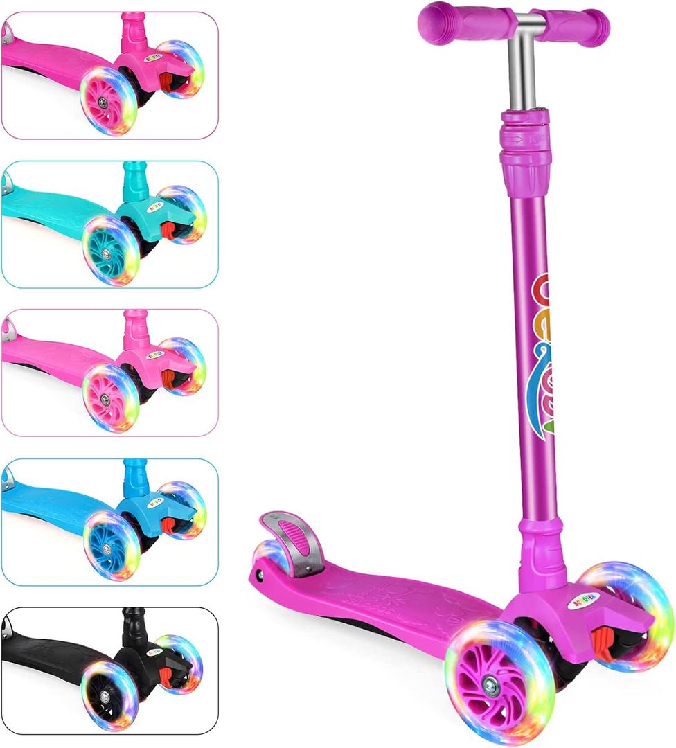 Scooters for Kids 3 Wheel Kick Scooter for Toddlers Girls Boys, 4 Adjustable Height, Lean to Steer, Light up Wheels, Extra-Wide Board, Easy to Assemble for Children Gift Sport Toys Ages 3-12