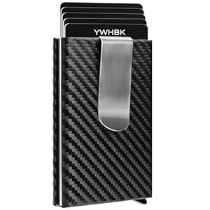 YWHBK Men Credit Card Holder, Metal Money Clip, Carbon Fiber Leather Slim Wallets for Men, Mens RFID Blocking Auto Pop up Front Pocket Small Card Case Wallet (Black)